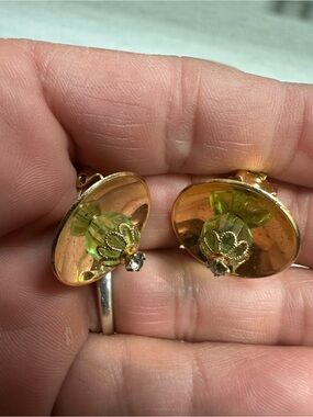 Estate vintage Gold-Tone Earrings with Green Crystal Accents unique